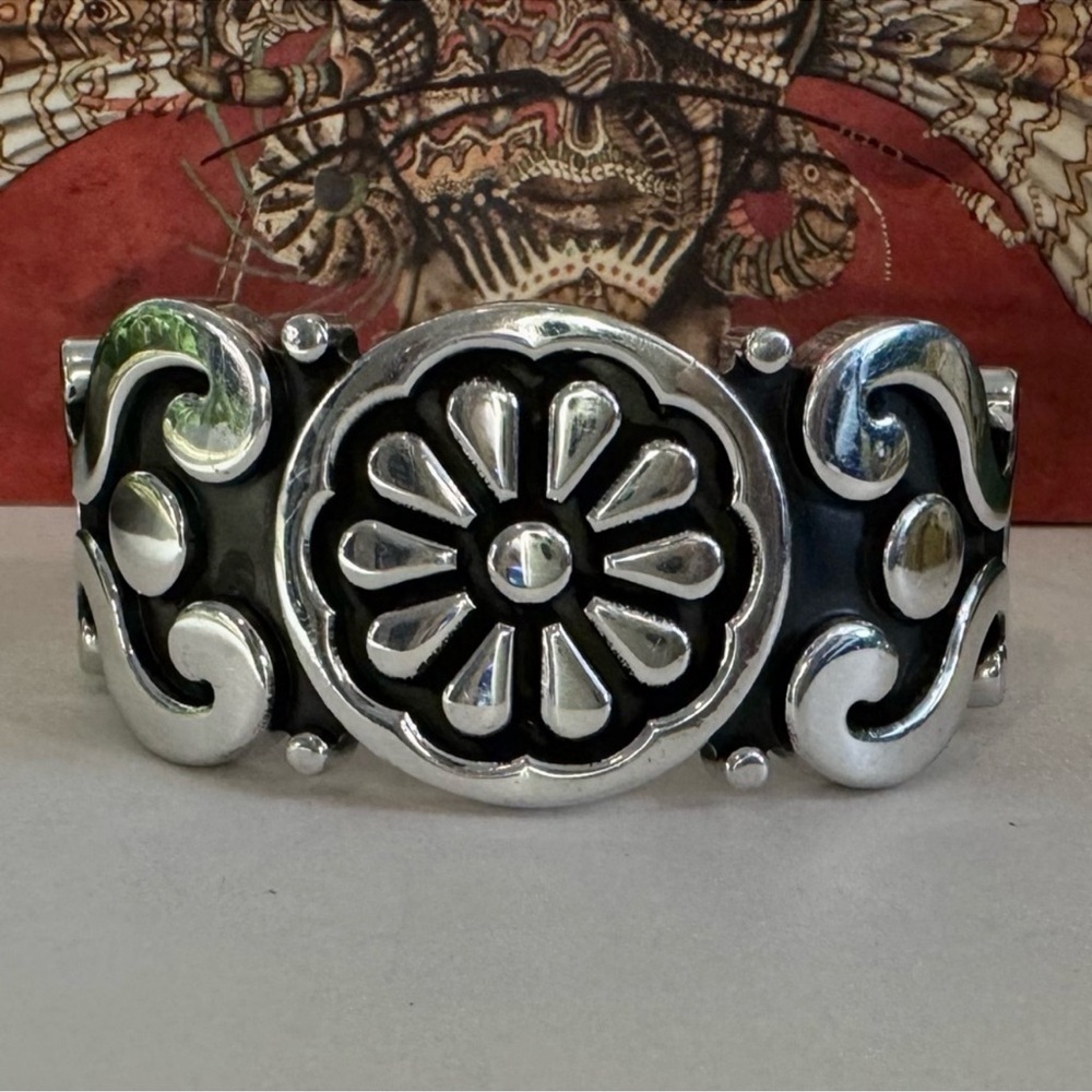 Large Vintage Flower Carved Cuff Bracelet High Shine Silver & oxidized backdrop